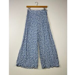 Breezy Boho Floral Women Medium Blue Wide Leg High Rise Rayon Palazzo Pants